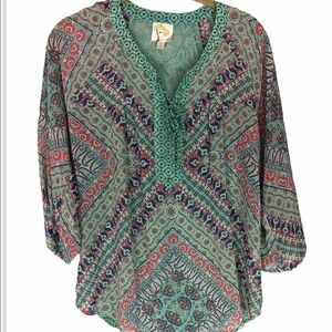 FIG & FLOWER Floral Boho Peasant Blouse Small